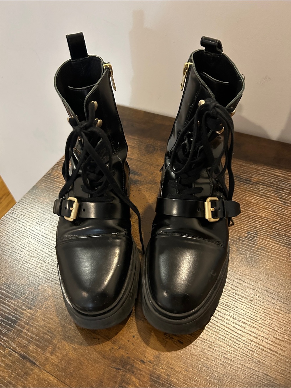 AllSaints Black Patent Lace-Up Combat Boots with Gold Buckles - Picture 6 of 8